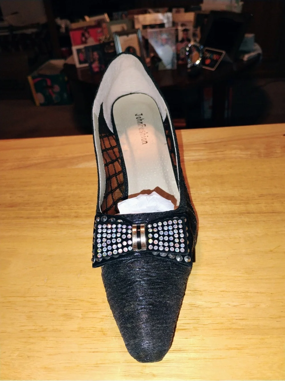 Black Mesh Pointed Toe Heels with Rhinestone Bow